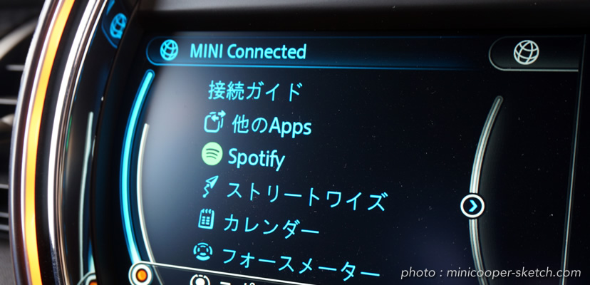 第3世代MINI（F系）ミニクーパーの純正ナビ iphoneアプリ ミニコネクテッド スポティファイ